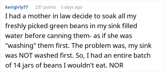 Comment about mother-in-law's unsanitary food preparation causing woman to lose appetite and worry about getting sick.