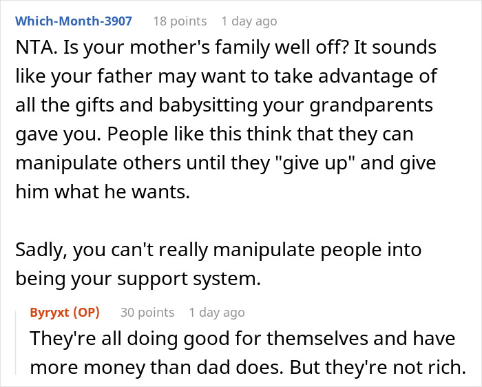 Discussion about dad cutting off late wife&rsquo;s family, demanding support for new baby, and teen calling him out online.