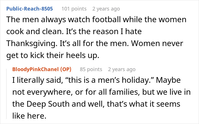 Reddit comments discussing men backing out of helping clean up after Thanksgiving meal, sparking frustration.