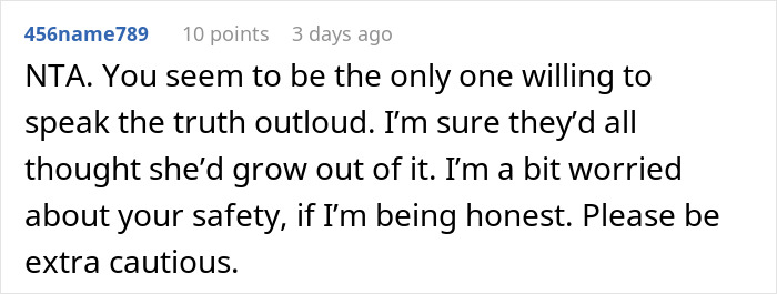 Screenshot of a forum comment warning about safety after a woman&rsquo;s obsession with her brother led to hospitalization.