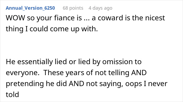 Commenter expressing disappointment in fianc&eacute;&rsquo;s lie about woman&rsquo;s family during holiday dinner conflict.