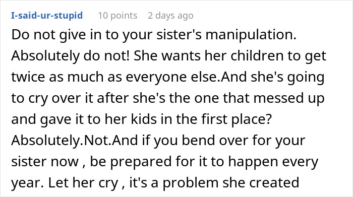 Text post discussing a woman&rsquo;s manipulation over Christmas gifts and receiving a reality check on fairness.