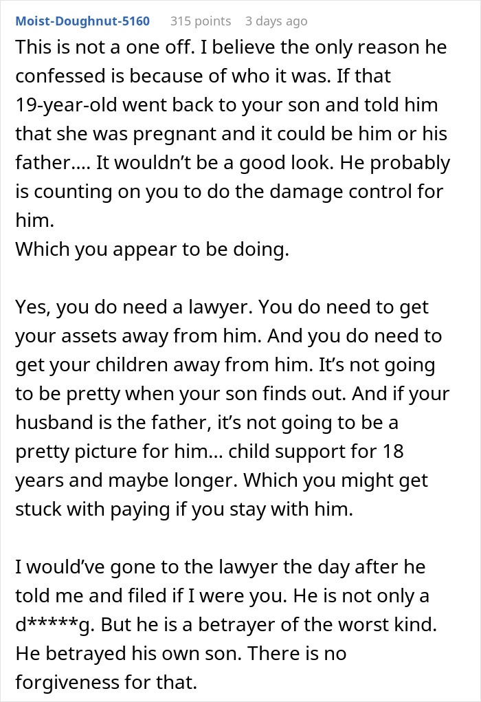 Comment discussing a man unsure if affair partner&rsquo;s baby is his child or his son&rsquo;s, advising legal and family protection.