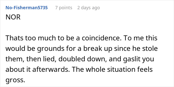 Comment expressing confusion and distrust about Christmas gifts from boyfriend matching missing items, highlighting feelings of betrayal.