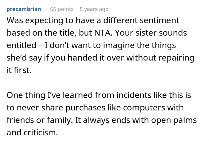 Screenshot of a Reddit comment discussing sharing old laptops with family and the issues it can cause online.