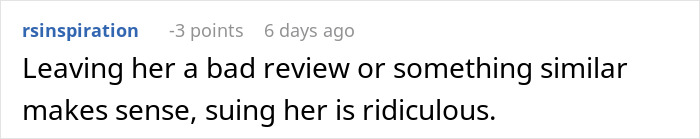 Comment discussing leaving a bad review instead of suing the makeup artist who pretended to be sick on a wedding day.