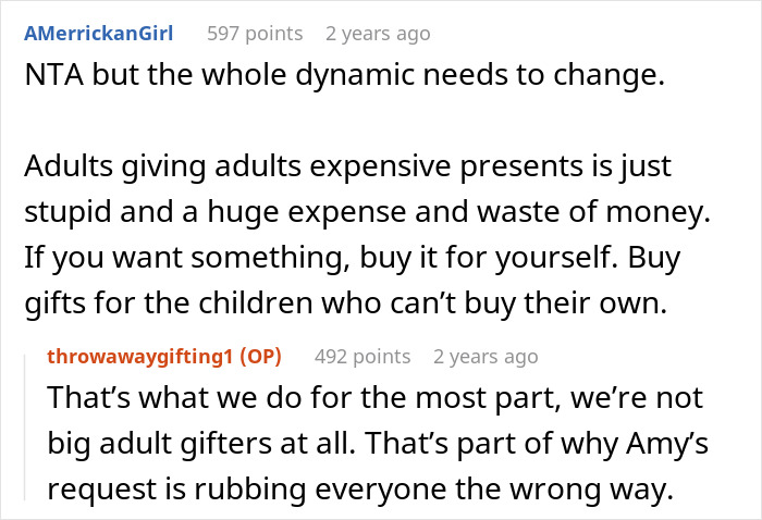 Reddit discussion about the sil-christmas-gift-list focusing on adult gift exchanges and children&rsquo;s presents.