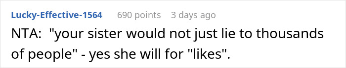 Reddit comment about a woman angry her sister built TikTok fame by lying to gain likes and followers.