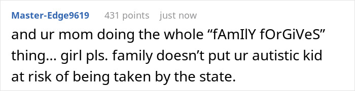 Screenshot of a Reddit comment about a woman&rsquo;s sister calling CPS on her autistic son causing family conflict.