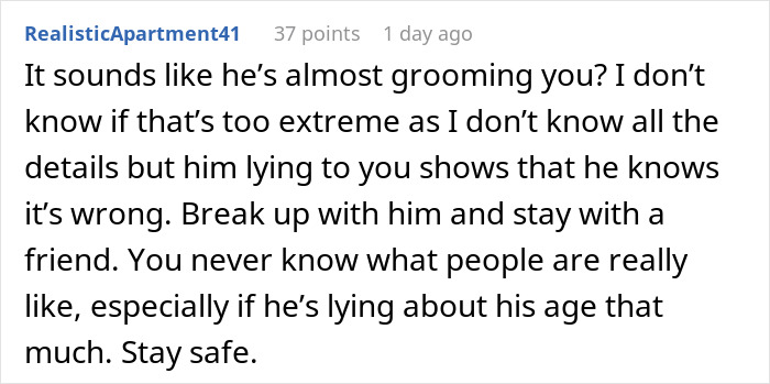 Comment discussing a 50-year-old guy lying about his age to his 22-year-old girlfriend and warning about grooming risks.