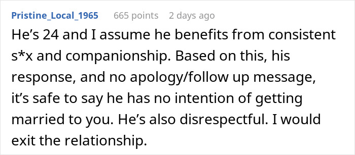 Reddit comment discussing a man telling his girlfriend she must earn an engagement ring after years together. Reddit comment discussing a man telling his girlfriend she must earn an engagement ring after years together.