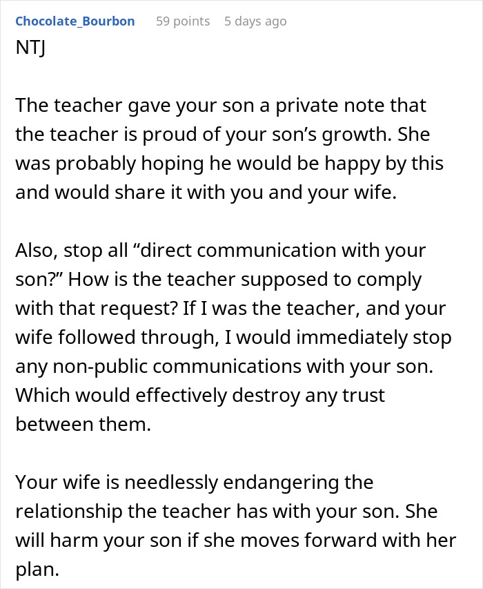 Comment discussing a teacher&rsquo;s note to a son and a mom furious over the teacher&rsquo;s inappropriate communication concerns.