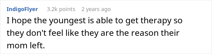 Comment text on a white background expressing hope youngest child gets therapy after mom ran away from her 3 kids on Christmas.