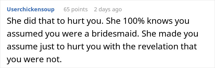 Reddit comment discussing pain and assumptions during a wedding dress shopping trip causing a friendship wake-up call. Reddit comment discussing pain and assumptions during a wedding dress shopping trip causing a friendship wake-up call.