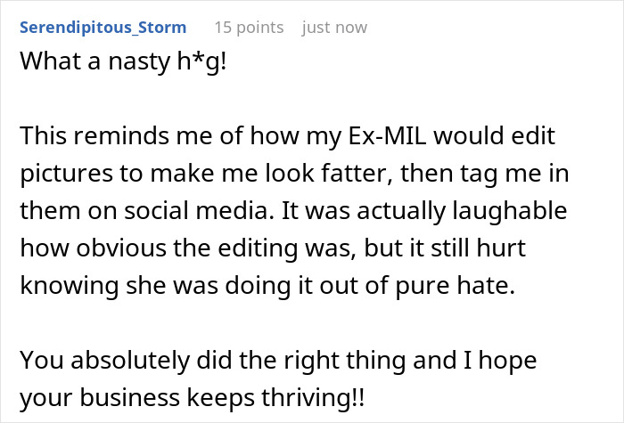 Comment describing MIL&rsquo;s plan to make bride look ugly with edited pictures, revealing pure hate and backfire.