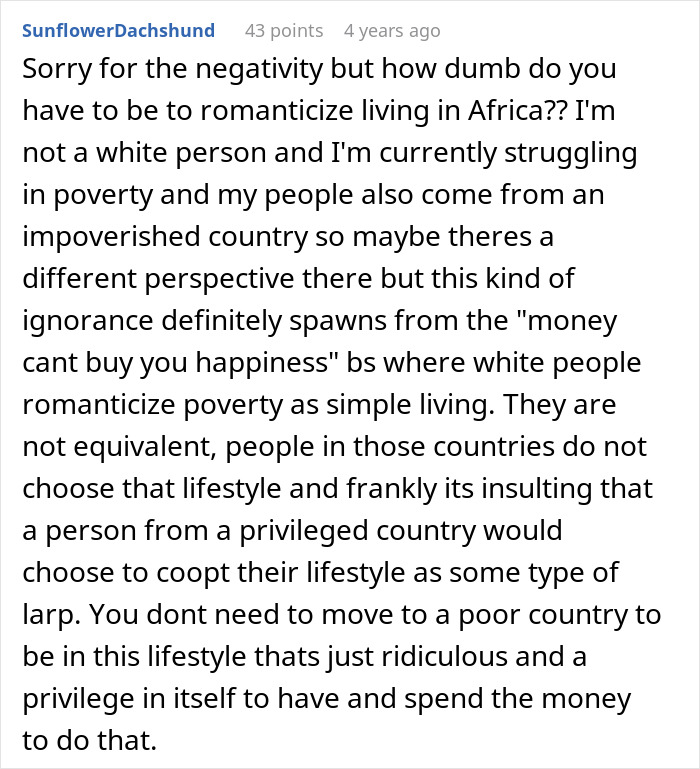 Comment discussing the disillusionment of a person who moves to an African country seeking a simpler lifestyle.