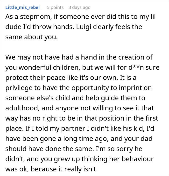 Reddit comment from stepmom defending kids and criticizing stepmother&rsquo;s behavior, discussing insecurity about a kid.