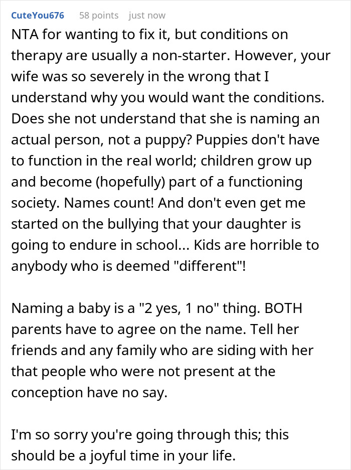 Comment discussing a couple on the verge of breakup over newborn&rsquo;s bizarre name and related social challenges.