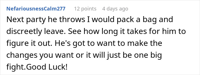 Screenshot of a Reddit comment suggesting to leave quietly during boys&rsquo; nights after they go too far at the house.
