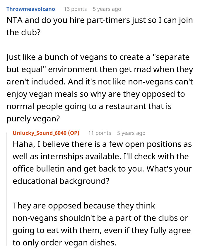 Screenshot of an online discussion about an employee pushing back against a vegan-only club and starting a literal beef.
