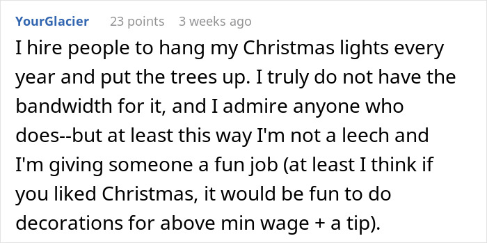 Text post about hiring help for Christmas decorations, highlighting adults avoiding labor while moms do all the work.