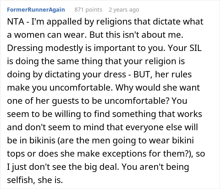 Comment discussing family conflict over Muslim daughter-in-law refusing to wear bikini at bridal party, highlighting religious dress beliefs.