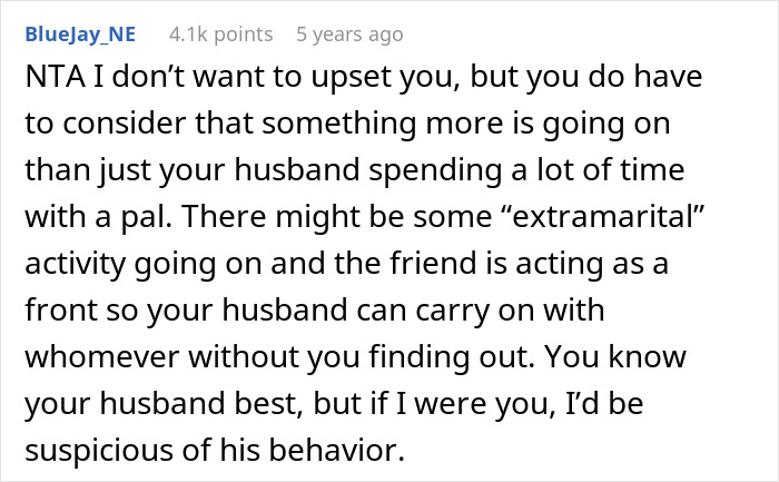 Screenshot of a Reddit comment discussing a husband prioritizing his best mate over his wife, raising suspicions of extramarital issues.
