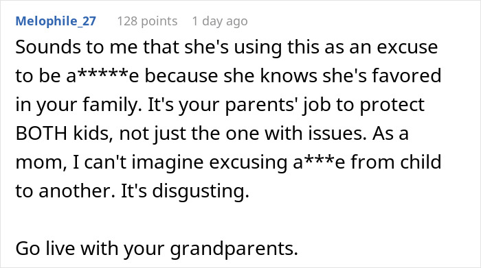 Commenter criticizing parents for favoring one child and ignoring sister&rsquo;s threatening behavior, urging protection for both kids.