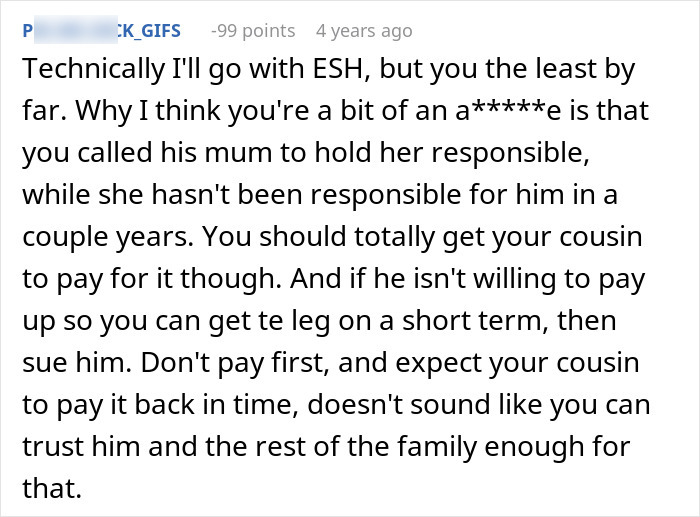 Text post discussing a man demanding his cousin pay for his cruel prank and the aunt&rsquo;s surprising reaction.