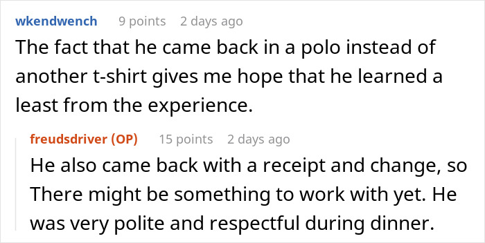 Reddit conversation discussing a guy who wore an inappropriate shirt as a dare to dinner with his girlfriend&rsquo;s parents.