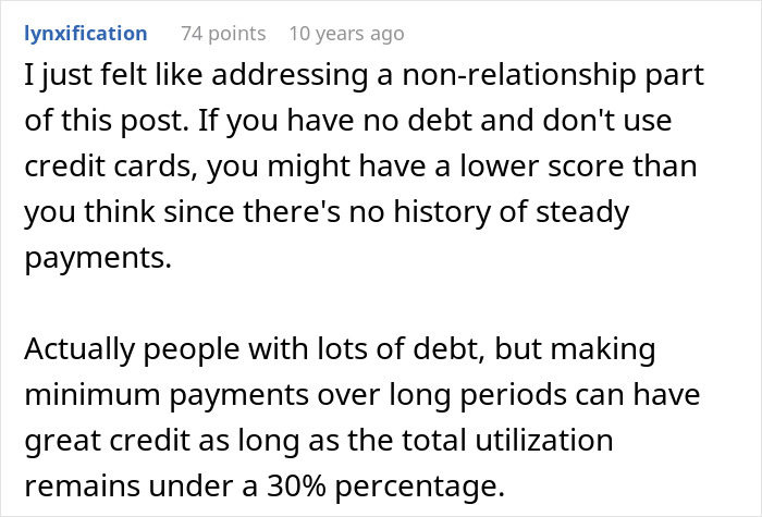 Screenshot of a forum post discussing credit scores and debt, unrelated to woman finding out boyfriend built relationship on lies.