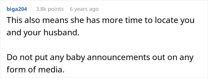 Comment discussing precautions about baby announcements after unhinged MIL loses job due to revengeful DIL&rsquo;s promotion discovery