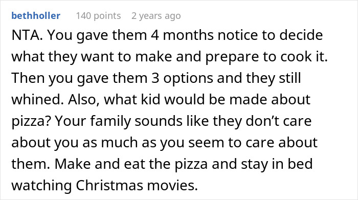Commenter responds to lazy relatives not bringing food to Christmas dinner, insisting on pizza or nothing.