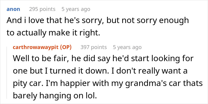 Reddit comments discussing teen upset over stepbro car gift and perceived favoritism with gift cards for Christmas.