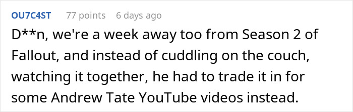 Screenshot of a Reddit comment mocking a guy criticizing his girlfriend for playing video games to unwind and calling it unladylike.