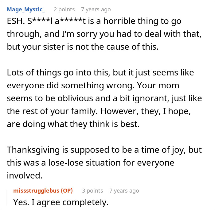 Text conversation about family conflict on Thanksgiving, with a woman feeling she ruined the holiday after blowing up at family. Text conversation about family conflict on Thanksgiving, with a woman feeling she ruined the holiday after blowing up at family.