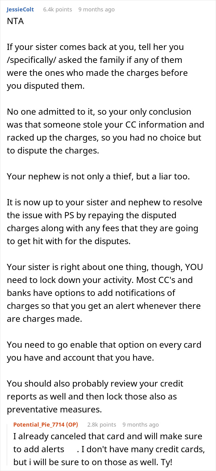 Screenshot of an online discussion about disputing credit card charges after a nephew used the card for games. Screenshot of an online discussion about disputing credit card charges after a nephew used the card for games.