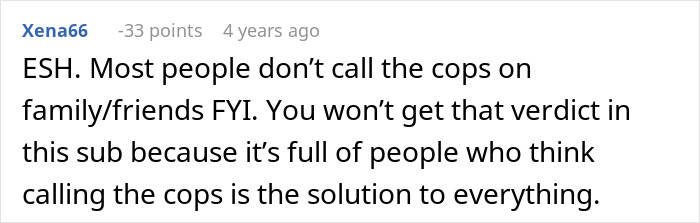 Reddit comment discussing family conflict over woman having half-brother arrested for stealing her car.