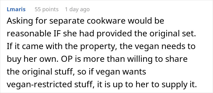 Comment discussing refusal to follow roommate&rsquo;s strict vegan rules about separate cookware in shared kitchen conflict