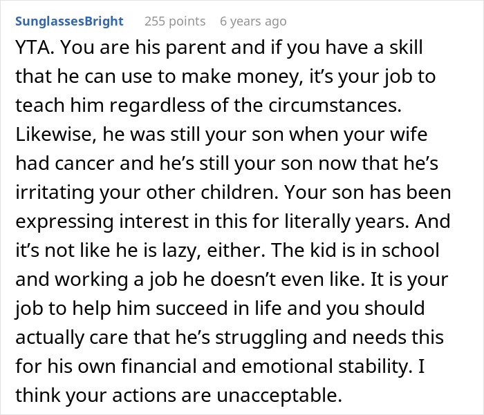 Comment discussing a man upset his dad didn’t pass on craft skills while half-brothers start a successful business. Comment discussing a man upset his dad didn’t pass on craft skills while half-brothers start a successful business.