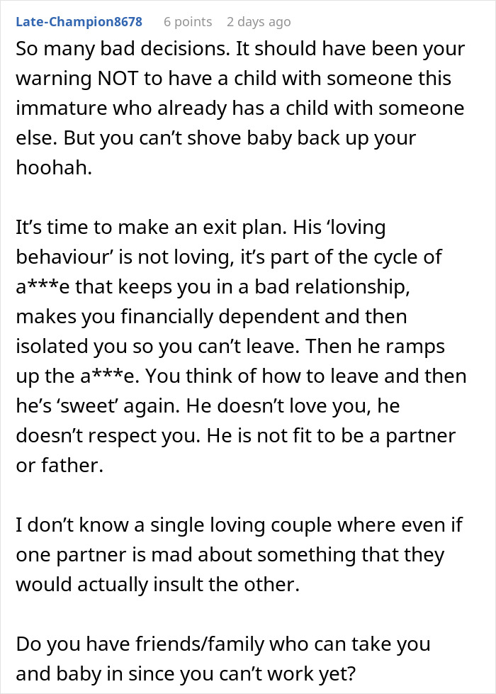 Comment discussing relationship issues and advising a woman to rethink her relationship after her BF ditches her with a newborn.