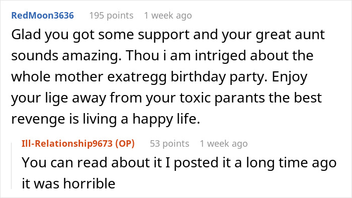 Screenshot of a Reddit thread discussing bride’s parents throwing tantrums and being uninvited from the wedding by the great aunt. Screenshot of a Reddit thread discussing bride’s parents throwing tantrums and being uninvited from the wedding by the great aunt.