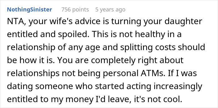 Dad calls out wife teaching daughter to treat boyfriend like personal ATM in a relationship, highlighting entitlement issues. Dad calls out wife teaching daughter to treat boyfriend like personal ATM in a relationship, highlighting entitlement issues.