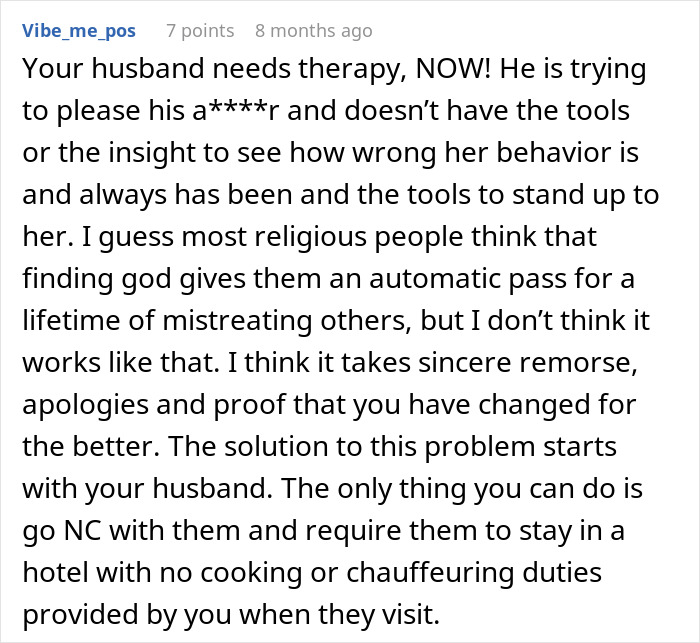 Reddit comment about husband not standing up to mother and wife considering walking away due to family issues and Jesus card.