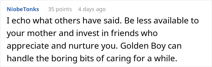 Comment discussing family dynamics, highlighting a daughter&rsquo;s efforts and a son giving flowers, with user advice.