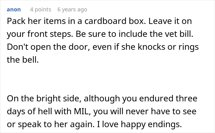 Comment advising to pack items and mentioning MIL poisons family dog and verbal attacks, emphasizing cutting ties.