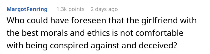 Comment text on social media about an immature guy and his friends testing his new girlfriend, who discovers his past behavior.