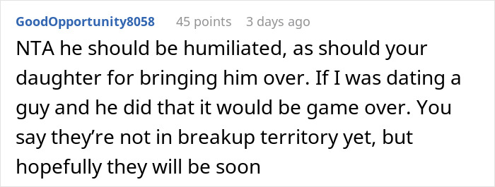 Comment from GoodOpportunity8058 criticizing a guy's inappropriate shirt choice at dinner with girlfriend&rsquo;s parents.