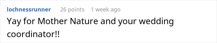 Screenshot of a comment praising nature and the wedding coordinator amid mil demands for wedding venue changes stuck in storm.