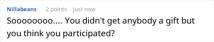 Screenshot of an online comment discussing a guy stealing his own white elephant gift and getting a refund, sparking debate.